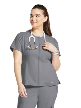 JAANUU Women’s Zip Pocket Moto Top in Grey - M